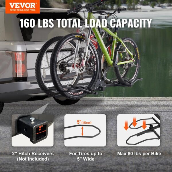 VEVOR Hitch Mount Bike Rack, 160 LBS Capacity Ebike Rack, 2-Bike Platform Style for 2-inch Receiver, Titling and Folding Bike Carrier with Tires up to 5" Wide, for Car, SUV, Truck, RV - Image 2