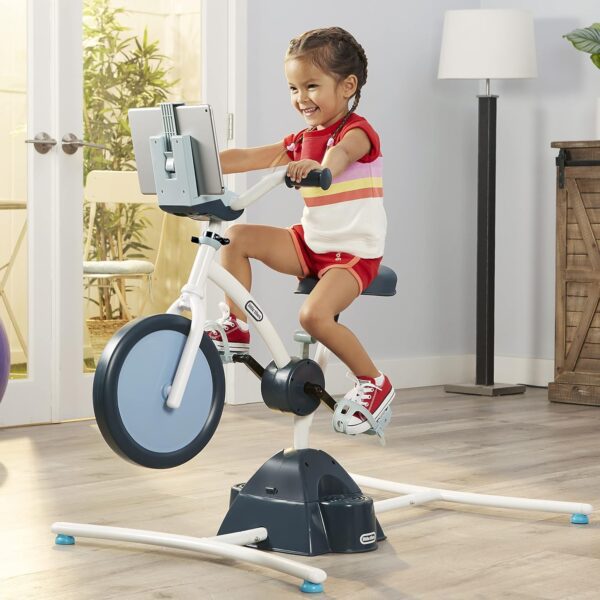 Little Tikes Pelican Explore & Fit Cycle Adjustable Play Fitness Exercise Equipment Stationary Bike with Videos and Built-in Bluetooth Speaker, For Kids Ages 3-7 Years, WHITE, BLUE - Image 7