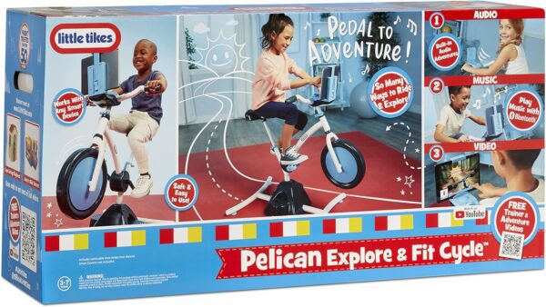 Little Tikes Pelican Explore & Fit Cycle Adjustable Play Fitness Exercise Equipment Stationary Bike with Videos and Built-in Bluetooth Speaker, For Kids Ages 3-7 Years, WHITE, BLUE - Image 9