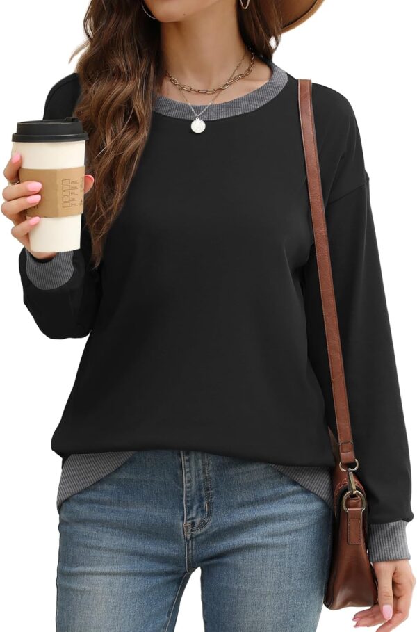 Saloogoe Sweatshirts for Women Crewneck Long Sleeve Loose Fit Tops Color Block Ribbed Trim Fashion 2024 - Image 2