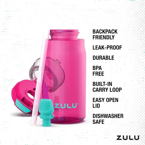 ZULU Kids Flex 16oz Tritan Plastic Water Bottle with Silicone Spout, Leak-Proof Locking Flip Lid and Soft Touch Carry Loop for School Backpack, Lunchbox, and Outdoor Sports, Pink - Image 4