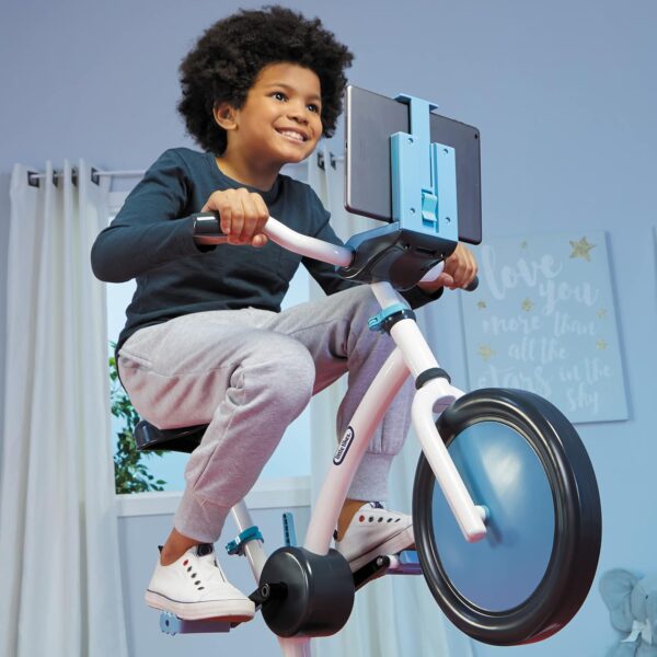 Little Tikes Pelican Explore & Fit Cycle Adjustable Play Fitness Exercise Equipment Stationary Bike with Videos and Built-in Bluetooth Speaker, For Kids Ages 3-7 Years, WHITE, BLUE - Image 8