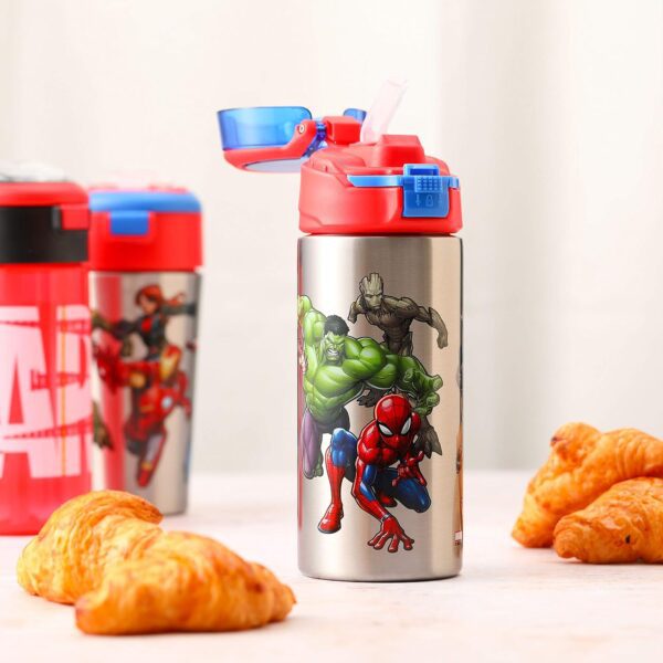 Zak Designs Marvel Comics Durable Single Wall Stainless Steel Water Bottle with Push-Button Flip Lid Leak-Proof Design is Perfect for Outdoor Sports (19.5oz, BPA Free), 19.5 oz, Avengers - Image 2
