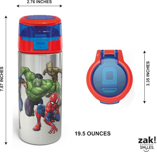 Zak Designs Marvel Comics Durable Single Wall Stainless Steel Water Bottle with Push-Button Flip Lid Leak-Proof Design is Perfect for Outdoor Sports (19.5oz, BPA Free), 19.5 oz, Avengers - Image 9