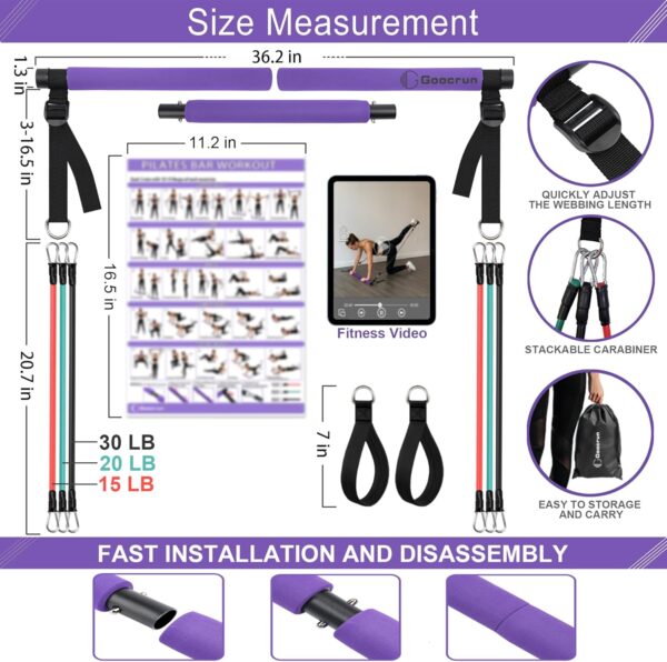 Portable Pilates Bar Kit with Resistance Bands for Men and Women - 3 Set Exercise Resistance Bands - Multifunctional Home Gym - Supports Full-Body Workouts – with Fitness Poster and Video - Image 3