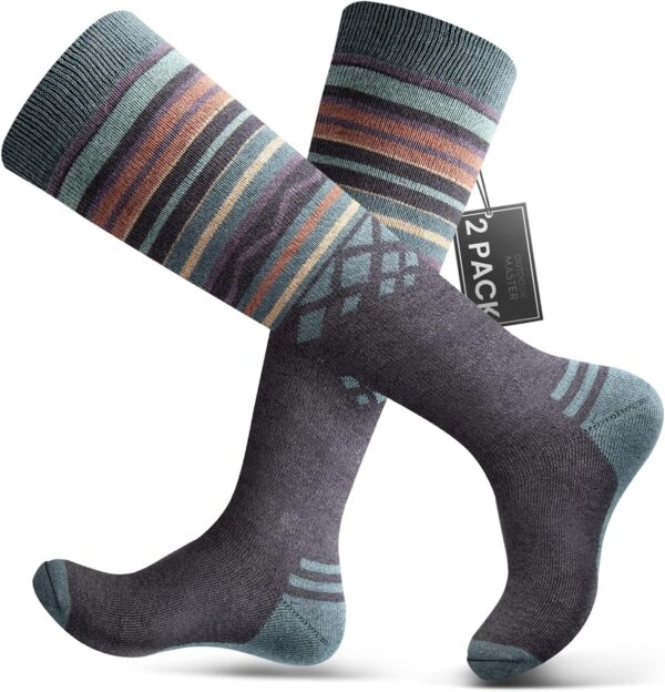 Ski Socks 2-Pack Merino Wool, Over The Calf Non-Slip Cuff for Men & Women