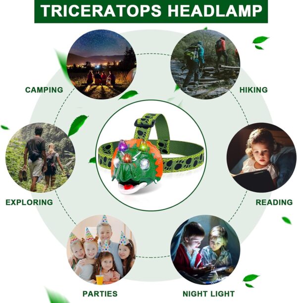 Triceratops LED Headlamp - Dinosaur Headlamp for Kids Camping Gear Essentials | Dinosaur Toy Head Lamp Flashlight for Boys Girls or Adults | Ideal Gift for Birthday, Halloween, Christmas, New Year - Image 6