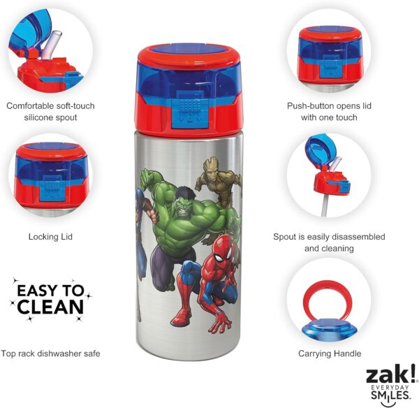Zak Designs Marvel Comics Durable Single Wall Stainless Steel Water Bottle with Push-Button Flip Lid Leak-Proof Design is Perfect for Outdoor Sports (19.5oz, BPA Free), 19.5 oz, Avengers - Image 8