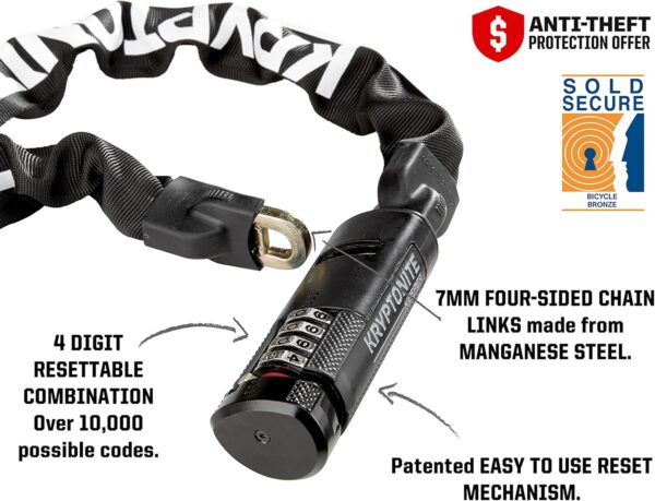 Kryptonite Keeper 790 Combo Bike Chain Lock, 3 Feet Long Heavy Duty Anti-Theft Sold Secure Gold Bicycle Chain Lock, 4-Digit Resettable Combination Lock for E-Bike Scooter Road Mountain Bikes,Black - Image 3