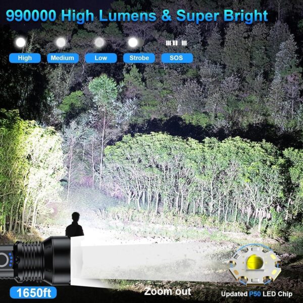 Rechargeable Flashlights 990,000 High Lumens - 2 Pack, Super Bright 12 Hours Long Life LED Flashlight with 5 Modes, High Powered Flash Light for Home, Outdoor - Image 2
