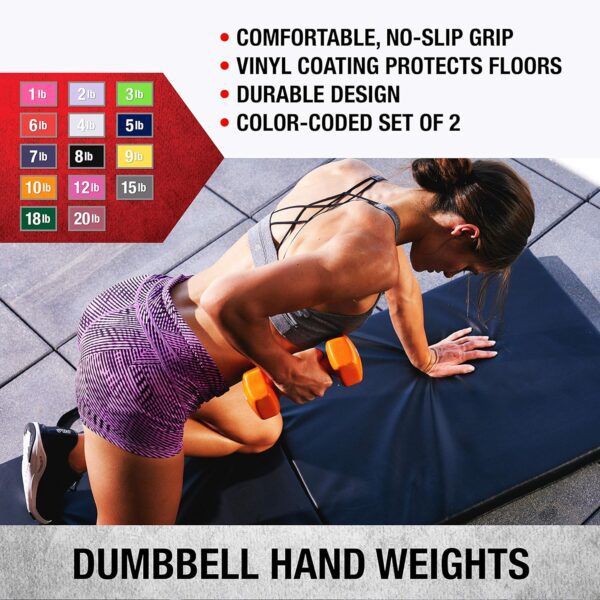 SPRI Dumbbells Hand Weights Set of 2 - Vinyl Coated Exercise & Fitness Dumbbell for Home Gym Equipment Workouts Strength Training Free Weights for Women, Men (1-10 Pound, 12, 15, 18, 20 lb) - Image 2