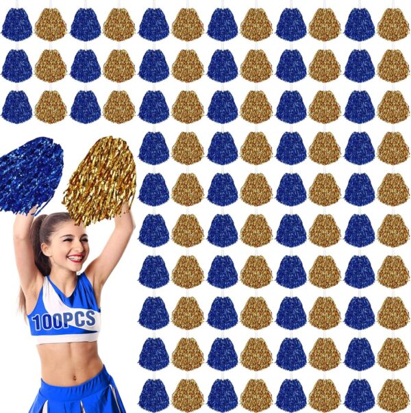 100 Pcs Cheerleading Pom Poms Metallic Foil Cheer Pompoms with Plastic Handle Cheerleader Pompoms Spirit Fun for Cheer Squad Dancing Party Performance Game Ball Sports Team