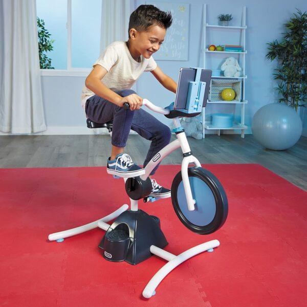 Little Tikes Pelican Explore & Fit Cycle Adjustable Play Fitness Exercise Equipment Stationary Bike with Videos and Built-in Bluetooth Speaker, For Kids Ages 3-7 Years, WHITE, BLUE - Image 14