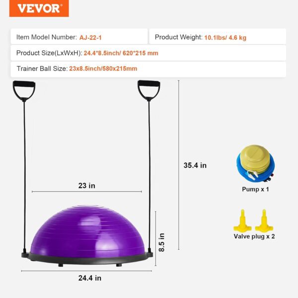 VEVOR Half Exercise Ball Trainer, 23/26 inch Balance Ball Trainer, 1500lbs Capacity Stability Ball, Yoga Ball with Resistance Bands & Foot Pump, Strength Fitness Ball for Home Gym Full Body Workout Black - Image 8