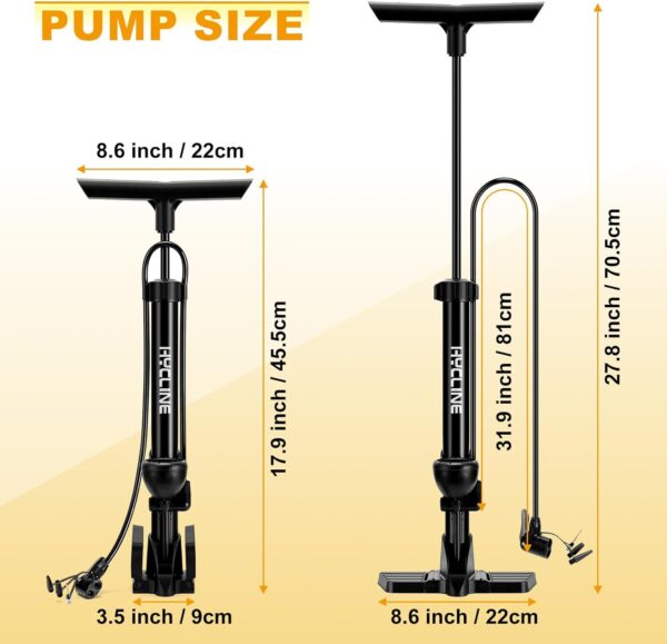 Hycline Bike Floor Pump with Gauge: 160 PSI High Pressure Bicycle Pumps - Durable Air Pump Fits Presta & Schrader Valve - Inflator for Road MTB Tire, Ball, Balloon, Inflatables - Image 3