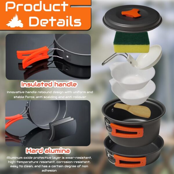 7Pcs Camping Pan Set - Backpack Cookware Pot and Pans Set, Survival Cooking Kit for Hiking, Picnic - Image 3