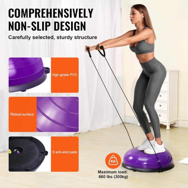 VEVOR Half Exercise Ball Trainer, 23/26 inch Balance Ball Trainer, 1500lbs Capacity Stability Ball, Yoga Ball with Resistance Bands & Foot Pump, Strength Fitness Ball for Home Gym Full Body Workout Black - Image 5