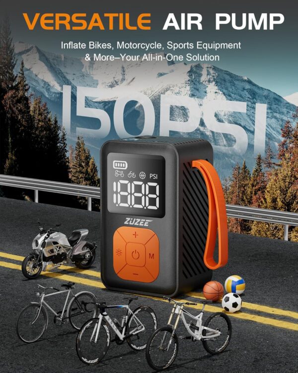 Mini Bike Tire Pump, 30s Fast Inflate Bicycle Pump with Guage, 150 PSI Electric Bike Pump with Presta and Schrader Valve, Auto Stop, Suitable for Road Bike, Motorcycle, Mountain Bike, Ball, etc - Image 3