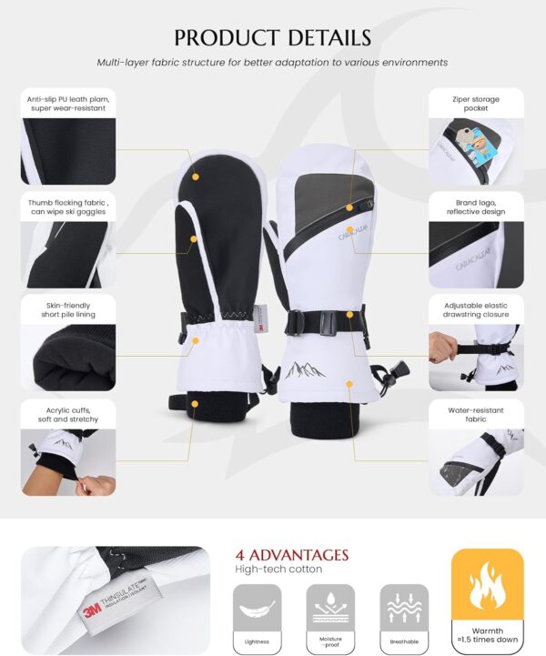 Winter Ski Mittens for Men Women Cold Weather- Warm Snowboard Mittens Gloves Waterproof Snow Sports Mitts Gloves - Image 2