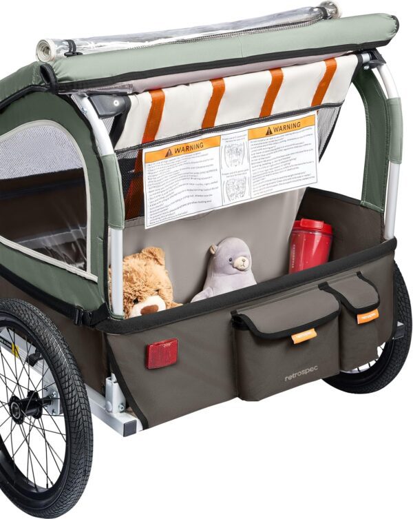 Retrospec Rover Plus Foldable Bike Trailer for Kids, Single/Double Passenger Child Bike Trailer with 5-Point Safety Harness, Reflective, Weather-Resistant Fabric and Safety Flag - Supports 40-80 lbs - Image 6
